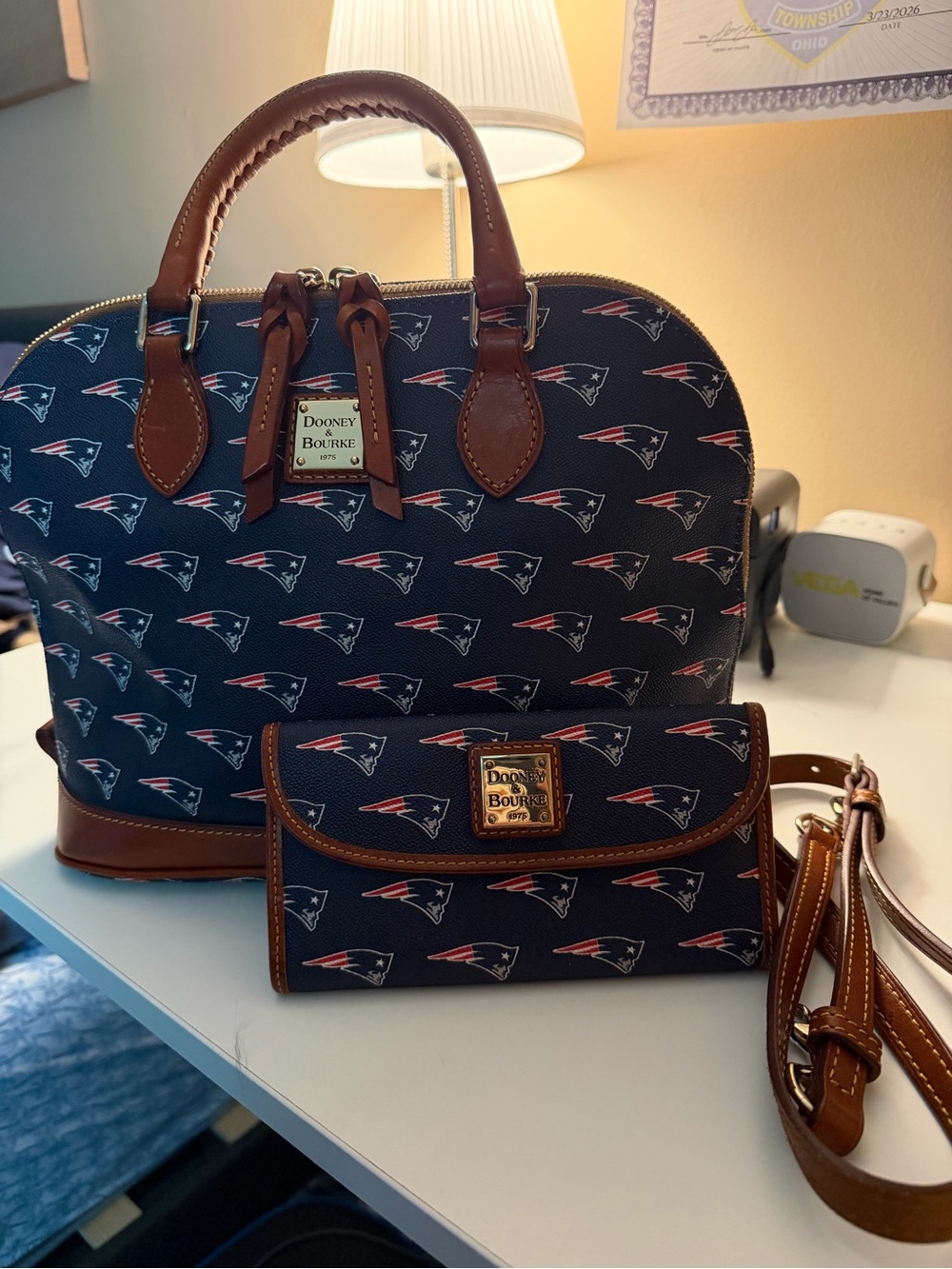 Dooney & Bourke Navy and Brown New England Patriots Dome Satchel Set